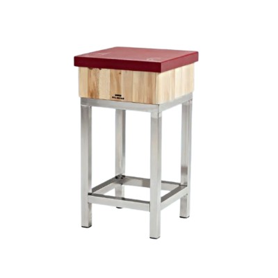 Tajo de 4 patas de acero-inox sin faldón, con taco de madera fabricado en cuadradillo + 5cm polietileno.
