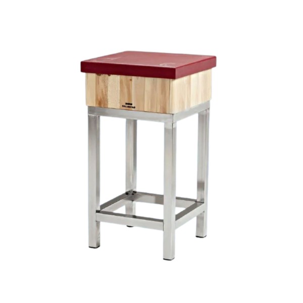 Tajo de 4 patas de acero-inox sin faldón, con taco de madera fabricado en cuadradillo + 5cm polietileno.